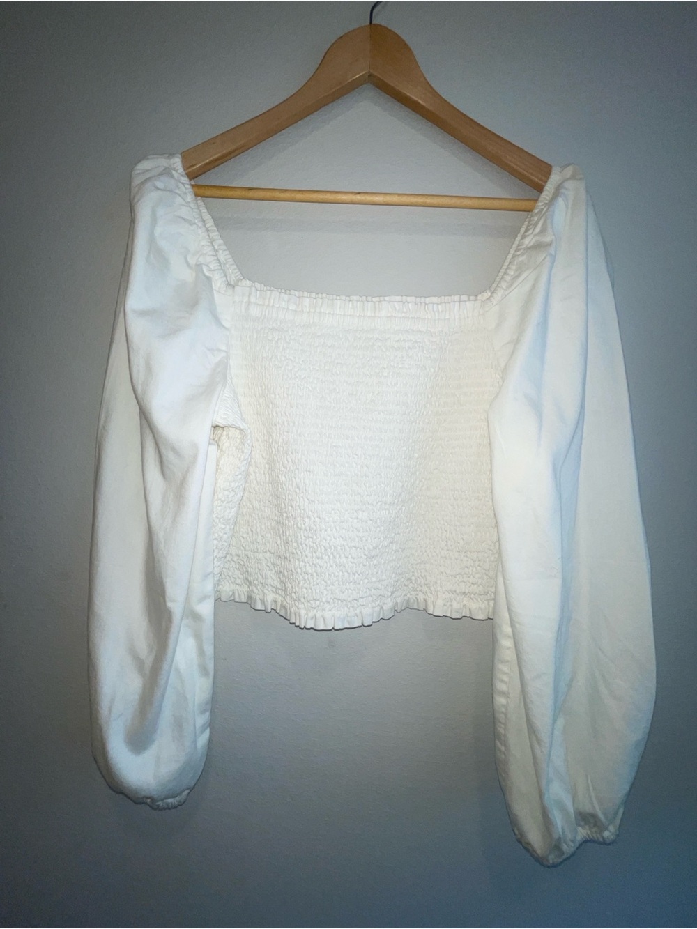 American Eagle White Smocked Puff Sleeve Crop Blouse Square Neck Boho L